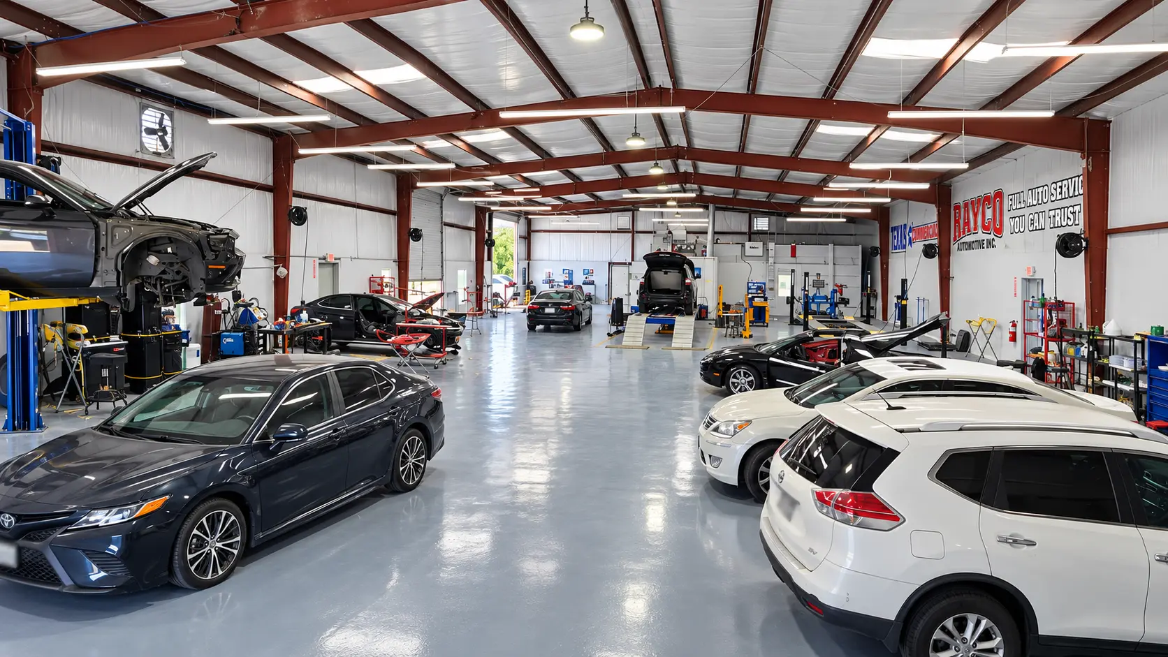 Wide view of the Rayco repair floor with vehicles in service