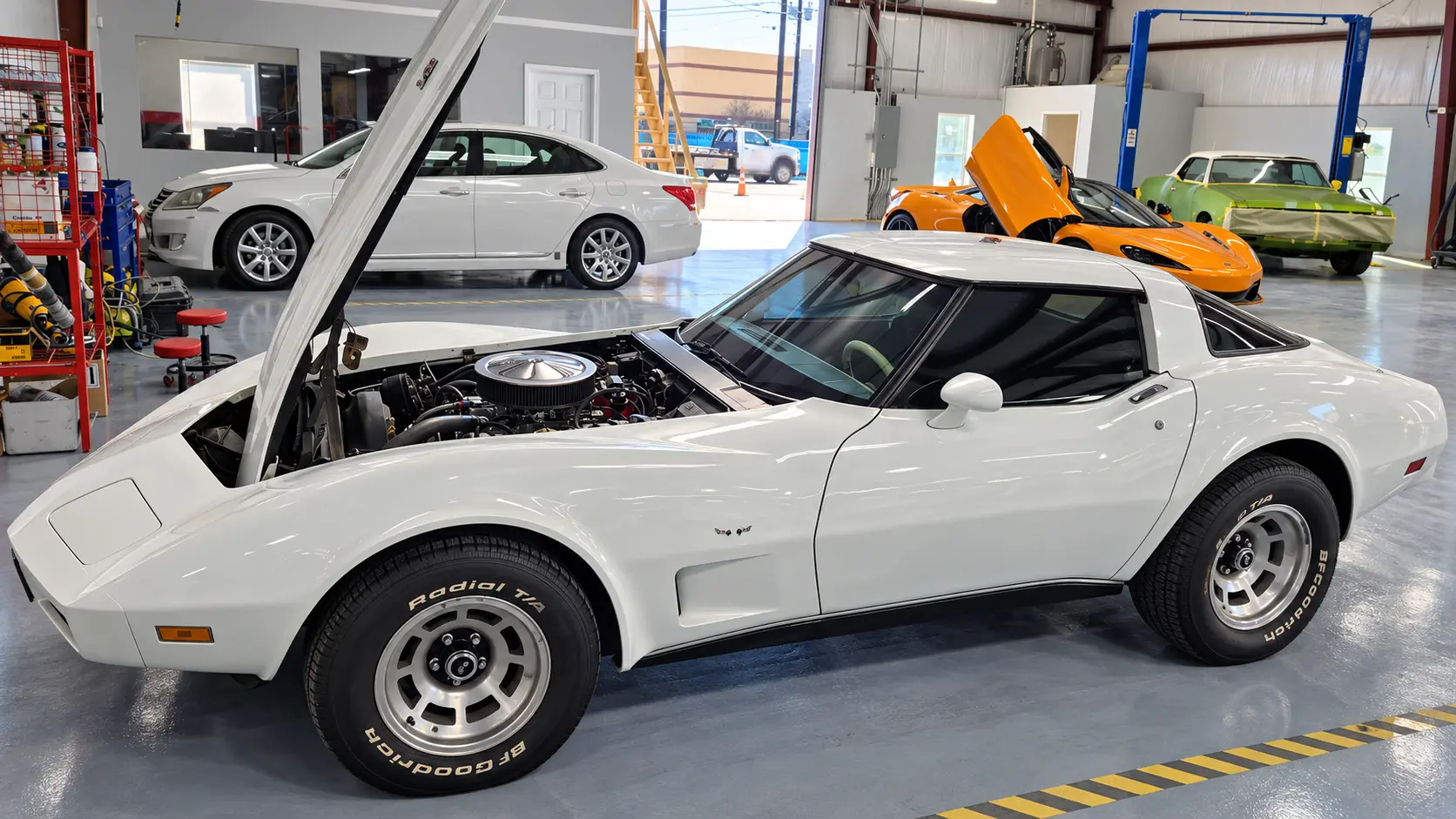 Classic white Corvette with its hood open inside the Rayco shop